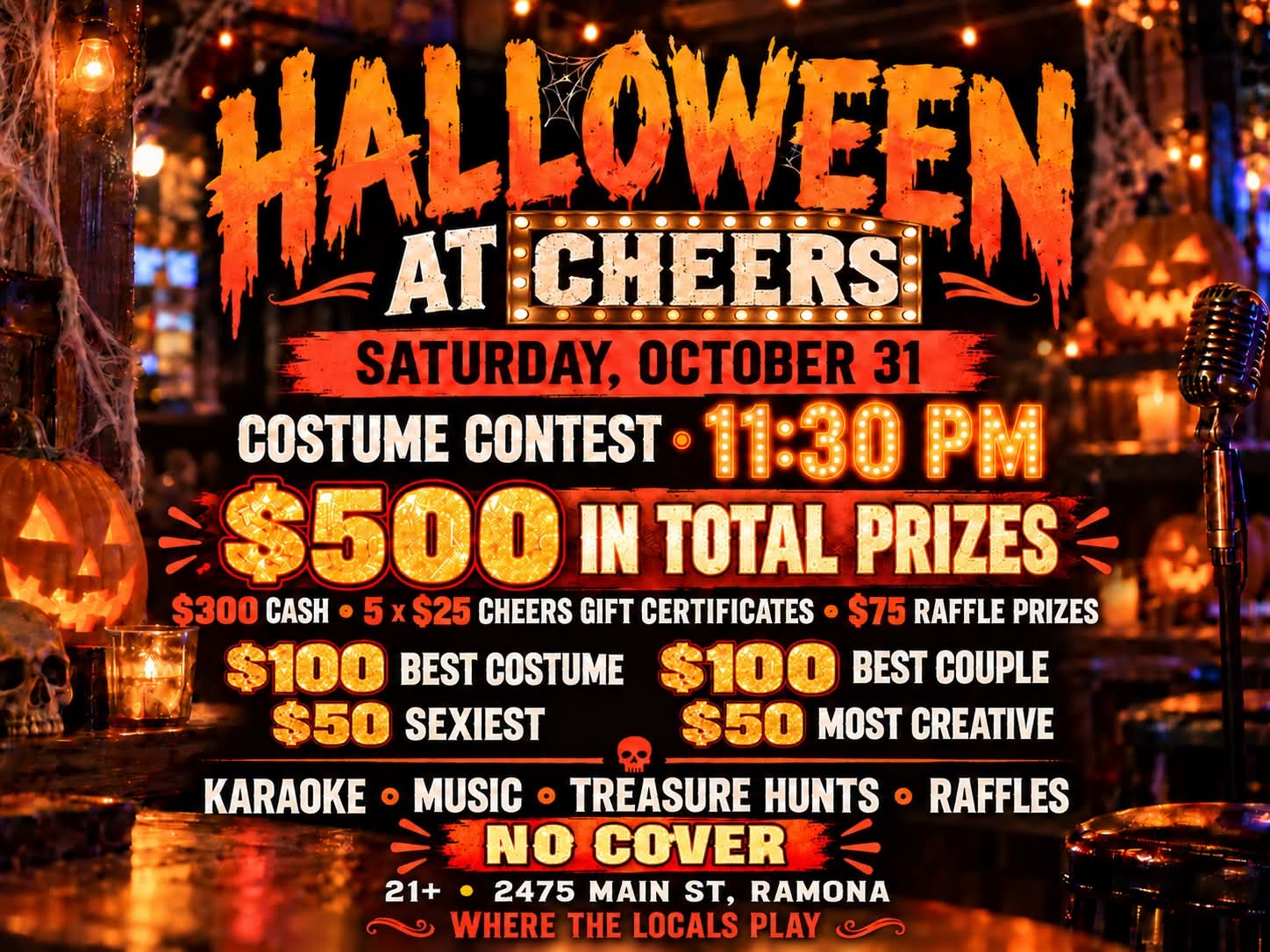 Halloween at Cheers flyer: Saturday, October 31, costume contest at 11:30 PM, $500 in total prizes, karaoke, music, treasure hunts, raffles, no cover, 21+